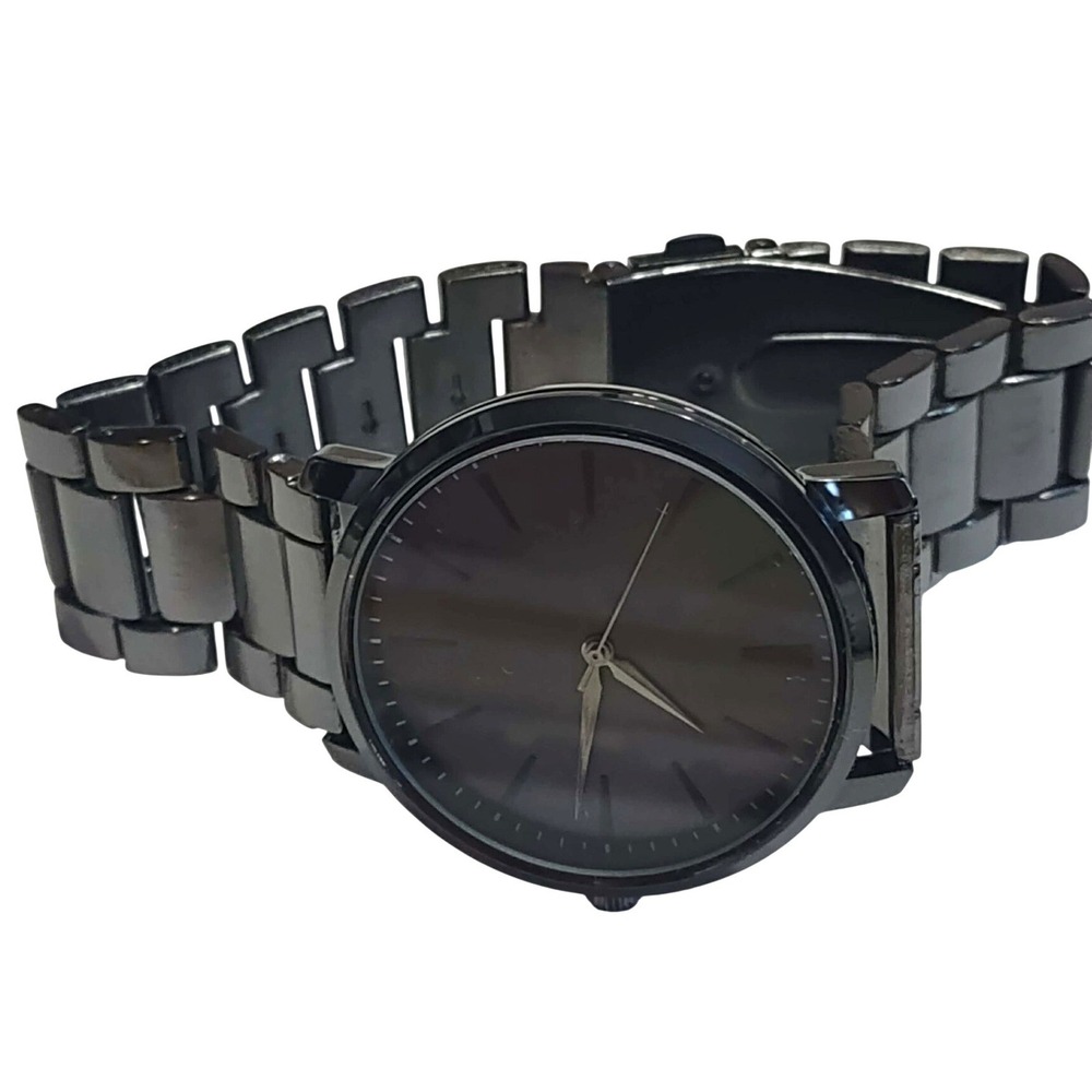 George Mens Gunmetal Analog Watch FMDOGE038 Dark Dial Metal Link Band WORKS!